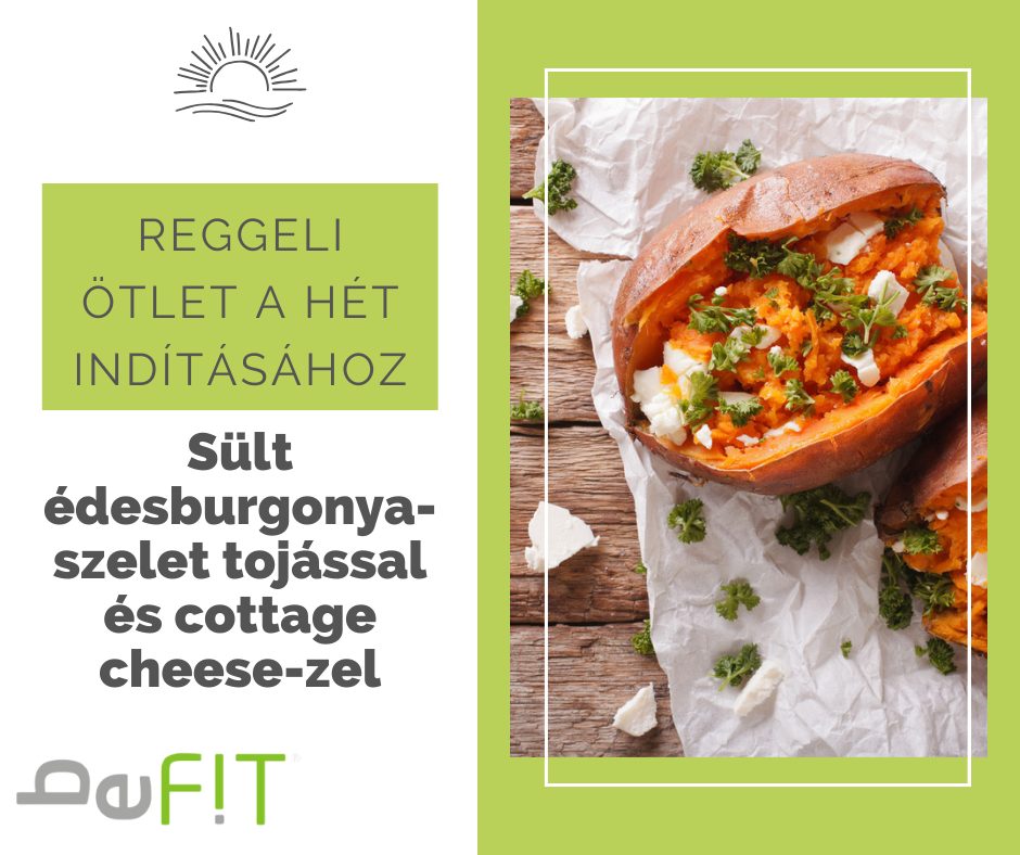 Sült édesburgonya-szelet tojással és cottage cheese-zel
